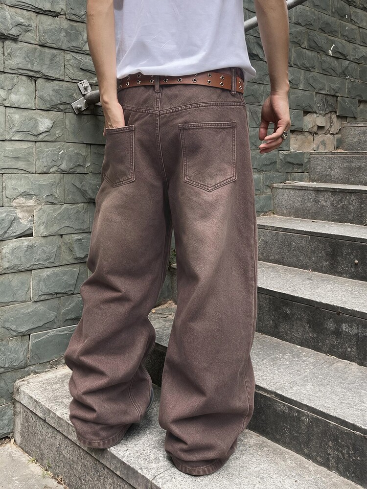 QuarKem Korean Style College Heavy-Duty Distressed Salt-Washed Cat Whisker Monkey Wash Men's Casual Fashion Versatile Denim Jeans - Coffee Brown - View 2