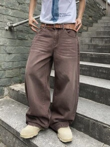 QuarKem 韓系大學風男士休閒時尚百搭牛仔褲，重磅耐穿、做舊鹽洗、貓鬚猴洗效果 - 咖啡棕 - 查看 1