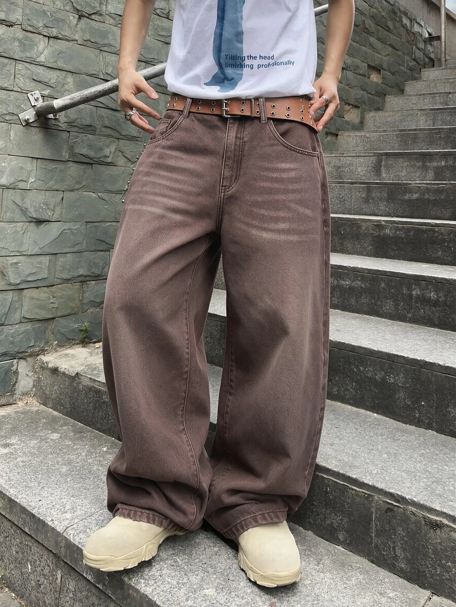 QuarKem 韓系大學風男士休閒時尚百搭牛仔褲,重磅耐穿、做舊鹽洗、貓鬚猴洗效果 - 咖啡棕 - 查看 1