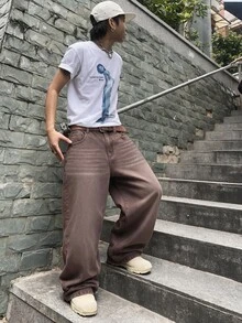 QuarKem 韓系大學風男士休閒時尚百搭牛仔褲，重磅耐穿、做舊鹽洗、貓鬚猴洗效果 - 咖啡棕 - 查看 6