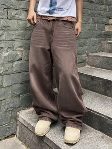 QuarKem 韓系大學風男士休閒時尚百搭牛仔褲，重磅耐穿、做舊鹽洗、貓鬚猴洗效果 - 咖啡棕 - 查看 5