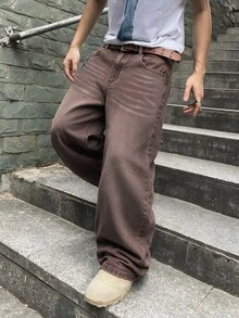 QuarKem 韓系大學風男士休閒時尚百搭牛仔褲，重磅耐穿、做舊鹽洗、貓鬚猴洗效果 - 咖啡棕 - 查看 7
