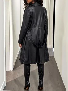 Zolique Lapel Collar Belted PU Trench Coat Fall Winter Cloth For Women - Black - View 3