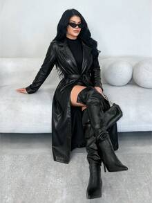 Zolique Lapel Collar Belted PU Trench Coat Fall Winter Cloth For Women - Black - View 2