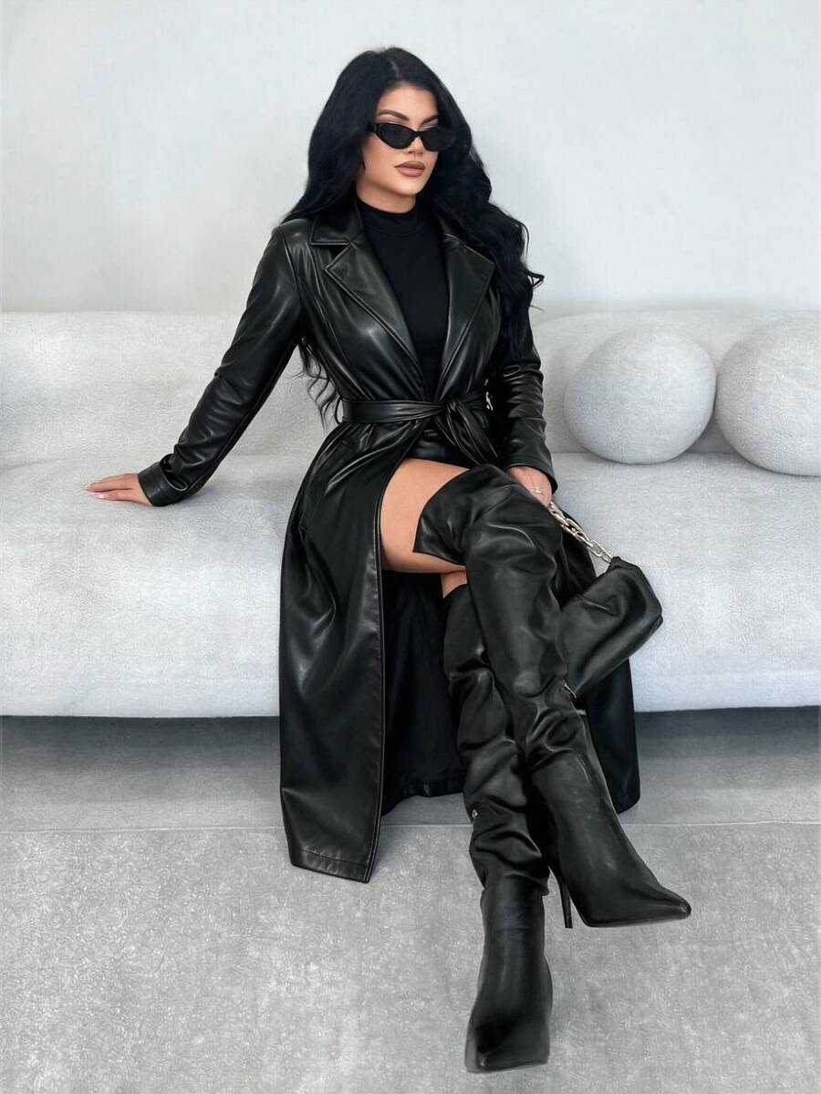 Zolique Lapel Collar Belted PU Trench Coat Fall Winter Cloth For Women