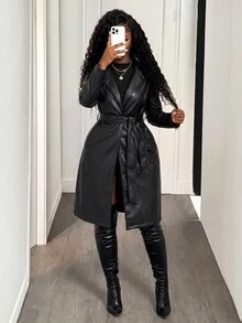 Zolique Lapel Collar Belted PU Trench Coat Fall Winter Cloth For Women - Black - View 8