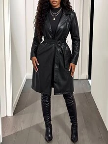 Zolique Lapel Collar Belted PU Trench Coat Fall Winter Cloth For Women - Black - View 7