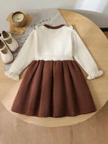 SHEIN فستان محبوك بأكمام طويلة للبنات، رقبة مستديرة مع تصميم رقعات وكشكشة وخرز، أسلوب ، مجموعة تنورة كنزة أميرة كورية للخريف والحفلات، بني - بني - مشاهدة 2