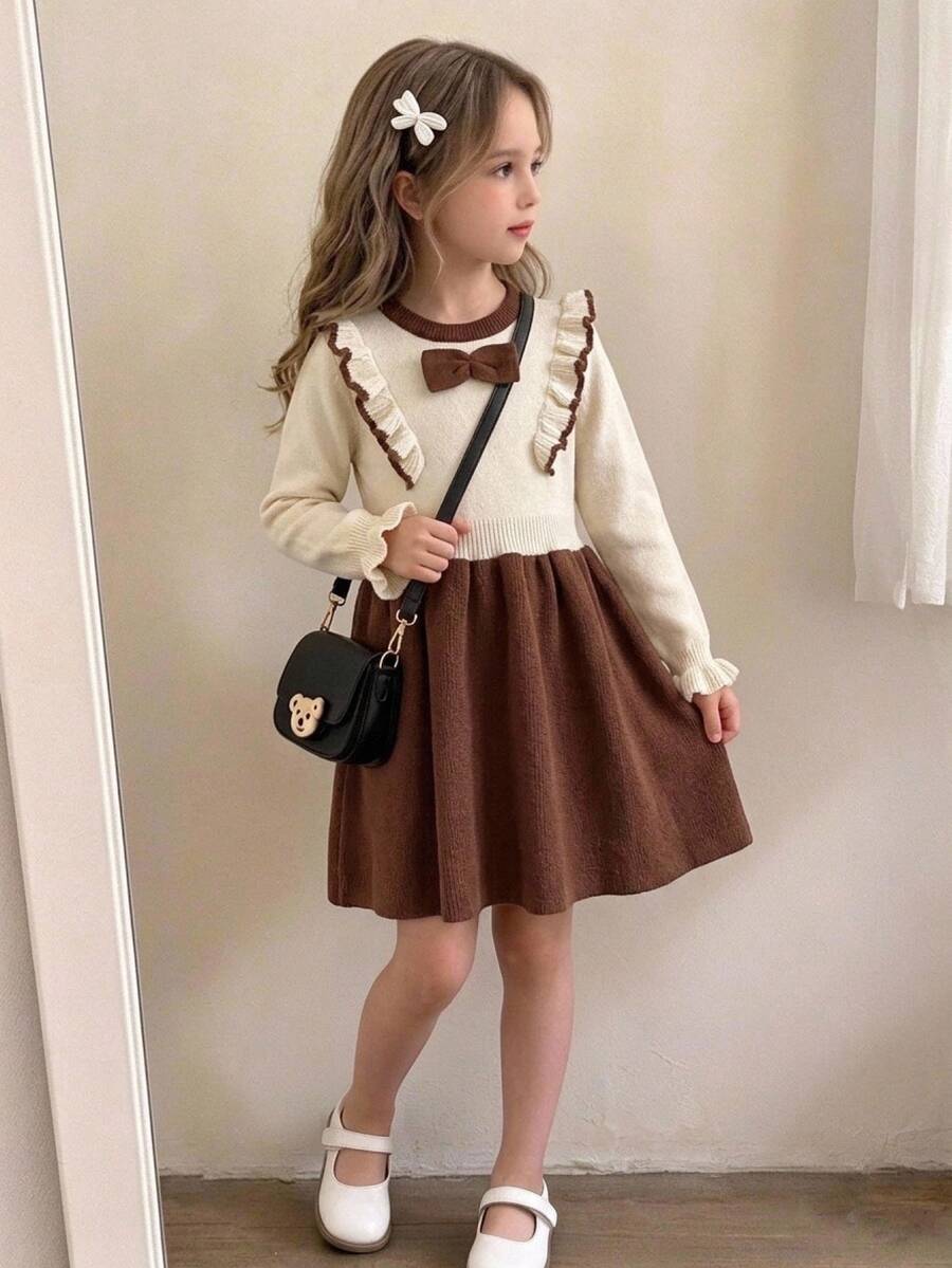 SHEIN فستان محبوك بأكمام طويلة للبنات، رقبة مستديرة مع تصميم رقعات وكشكشة وخرز، أسلوب ، مجموعة تنورة كنزة أميرة كورية للخريف والحفلات، بني - بني - مشاهدة 1