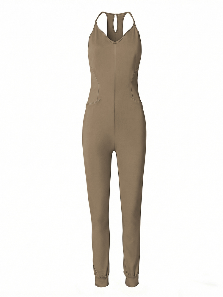 EMERY ROSE Women's Solid Color Minimalist Sleeveless Jumpsuit Jumpsuits For Women Casual Jumpsuit Comfy Jumpsuit Jumpsuit Women's - Brown - View 4