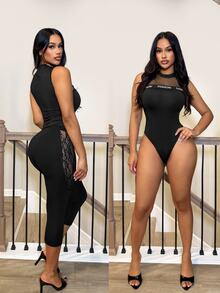 BamGleam Street Style Sexy Fishnet Sheer Bodysuit FASHION Letter Webbing Round Neck Going Out Club Night Out Black And White Summer - Black - View 9