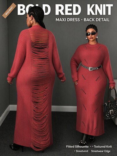 Maweii Plus Women's Sweater Dress, Long Dress, Burgundy, Tassels, Sexy Baggy, Casual, Party Going Out Night, Fall Christmas