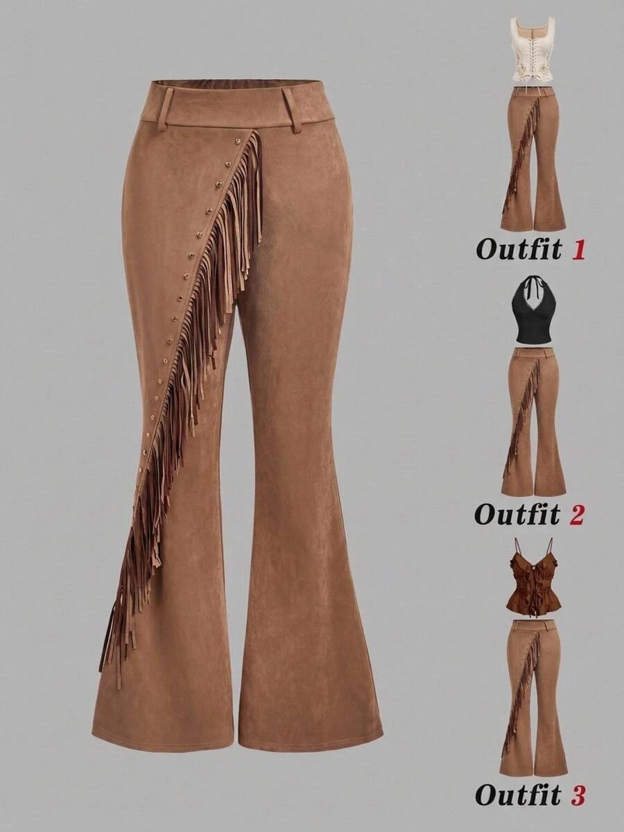 SHEIN MOD Women's Solid Color Patchwork Tassel Design Fashion Boho Western Flare Leg Pants Date Vacation Coffee Brown Fall - Khaki - View 1