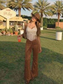 SHEIN MOD Women's Solid Color Patchwork Tassel Design Fashion Boho Western Flare Leg Pants Date Vacation Coffee Brown Fall - Khaki - View 7