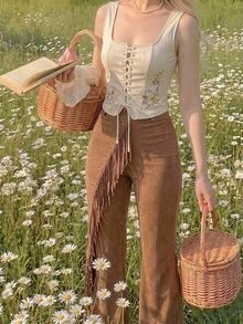 SHEIN MOD Women's Solid Color Patchwork Tassel Design Fashion Boho Western Flare Leg Pants Date Vacation Coffee Brown Fall - Khaki - View 9