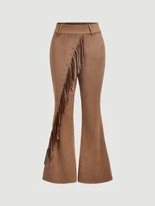 SHEIN MOD Women's Solid Color Patchwork Tassel Design Fashion Boho Western Flare Leg Pants Date Vacation Coffee Brown Fall - Khaki - View 3