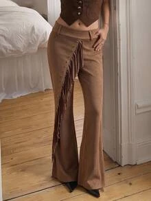 SHEIN MOD Women's Solid Color Patchwork Tassel Design Fashion Boho Western Flare Leg Pants Date Vacation Coffee Brown Fall - Khaki - View 10