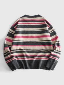 ROMWE MEN Men Contrast Striped Script Graphic Crew Neck Knit Sweater, Drop Shoulder Retro Y2K Pullover - Dark Grey - View 3