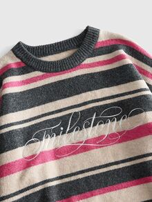 ROMWE MEN Men Contrast Striped Script Graphic Crew Neck Knit Sweater, Drop Shoulder Retro Y2K Pullover - Dark Grey - View 2