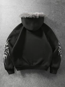 ROMWE MEN Goth 春季休闲印花男士时尚哥特式毛边连帽卫衣，秋冬季长袖上衣，Y2K风格 - 黑色 - 查看 2