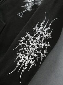 ROMWE MEN Goth 春季休闲印花男士时尚哥特式毛边连帽卫衣，秋冬季长袖上衣，Y2K风格 - 黑色 - 查看 7