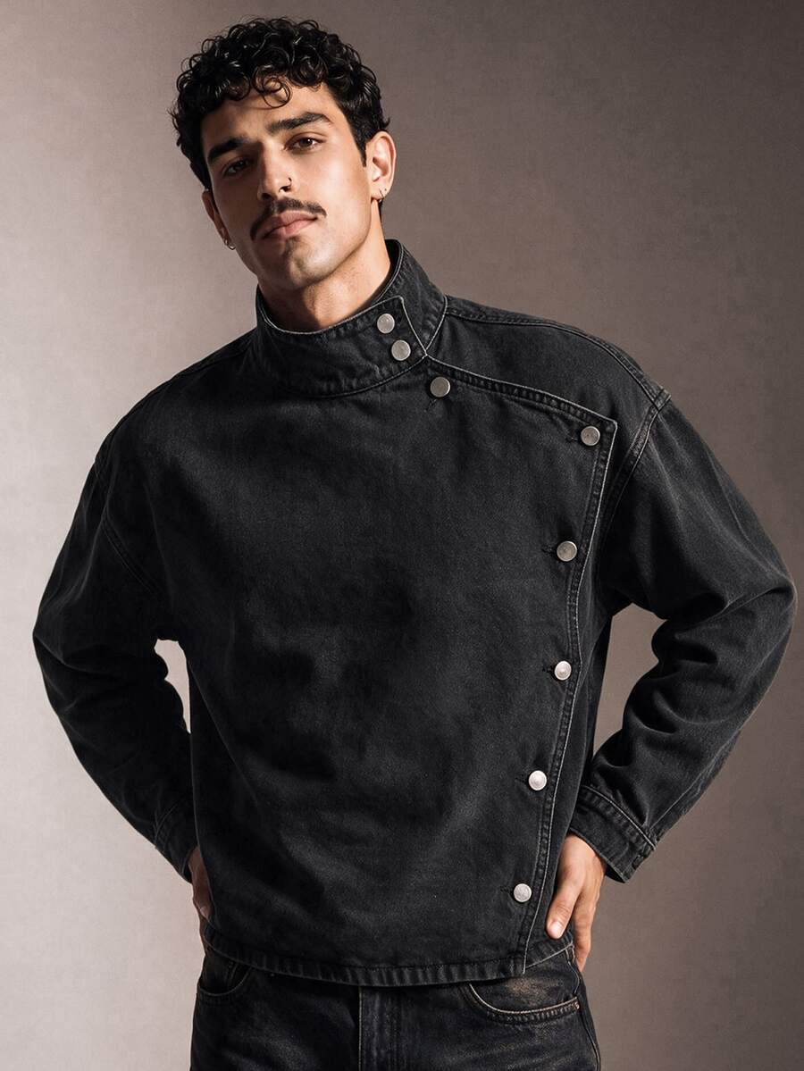 FeverCity Men's Washed Black Gray Asymmetrical Placket Long Sleeve Top - Black - View 1