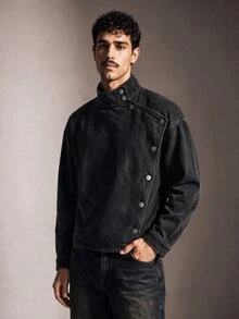 FeverCity Men's Washed Black Gray Asymmetrical Placket Long Sleeve Top - Black - View 2