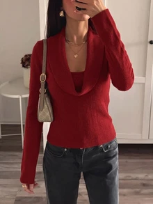 Aloruh Women's Red Cowl Neck Fitted Sweater, Autumn/Winter - Red - View 1
