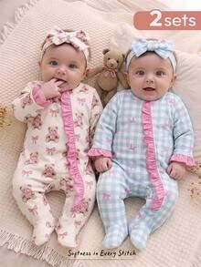 Cozy Pixies Newborn Baby Boy Cute Knitted Casual Cartoon Bear & Plaid Bow Pattern Colorblock Ruffle Trim Romper Crawl Suit & Headband Set Set Pcs - Multicolor - View 1