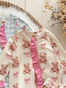 Cozy Pixies Newborn Baby Boy Cute Knitted Casual Cartoon Bear & Plaid Bow Pattern Colorblock Ruffle Trim Romper Crawl Suit & Headband Set Set Pcs - Multicolor - View 8