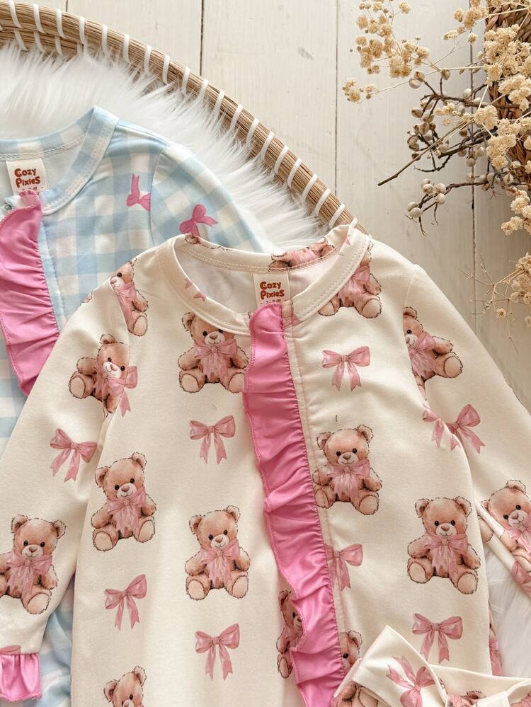 Cozy Pixies Newborn Baby Boy Cute Knitted Casual Cartoon Bear & Plaid Bow Pattern Colorblock Ruffle Trim Romper Crawl Suit & Headband Set Set Pcs - Multicolor - View 8