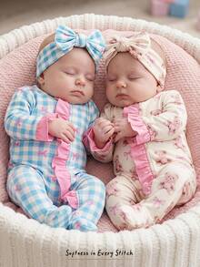 Cozy Pixies Newborn Baby Boy Cute Knitted Casual Cartoon Bear & Plaid Bow Pattern Colorblock Ruffle Trim Romper Crawl Suit & Headband Set Set Pcs - Multicolor - View 2