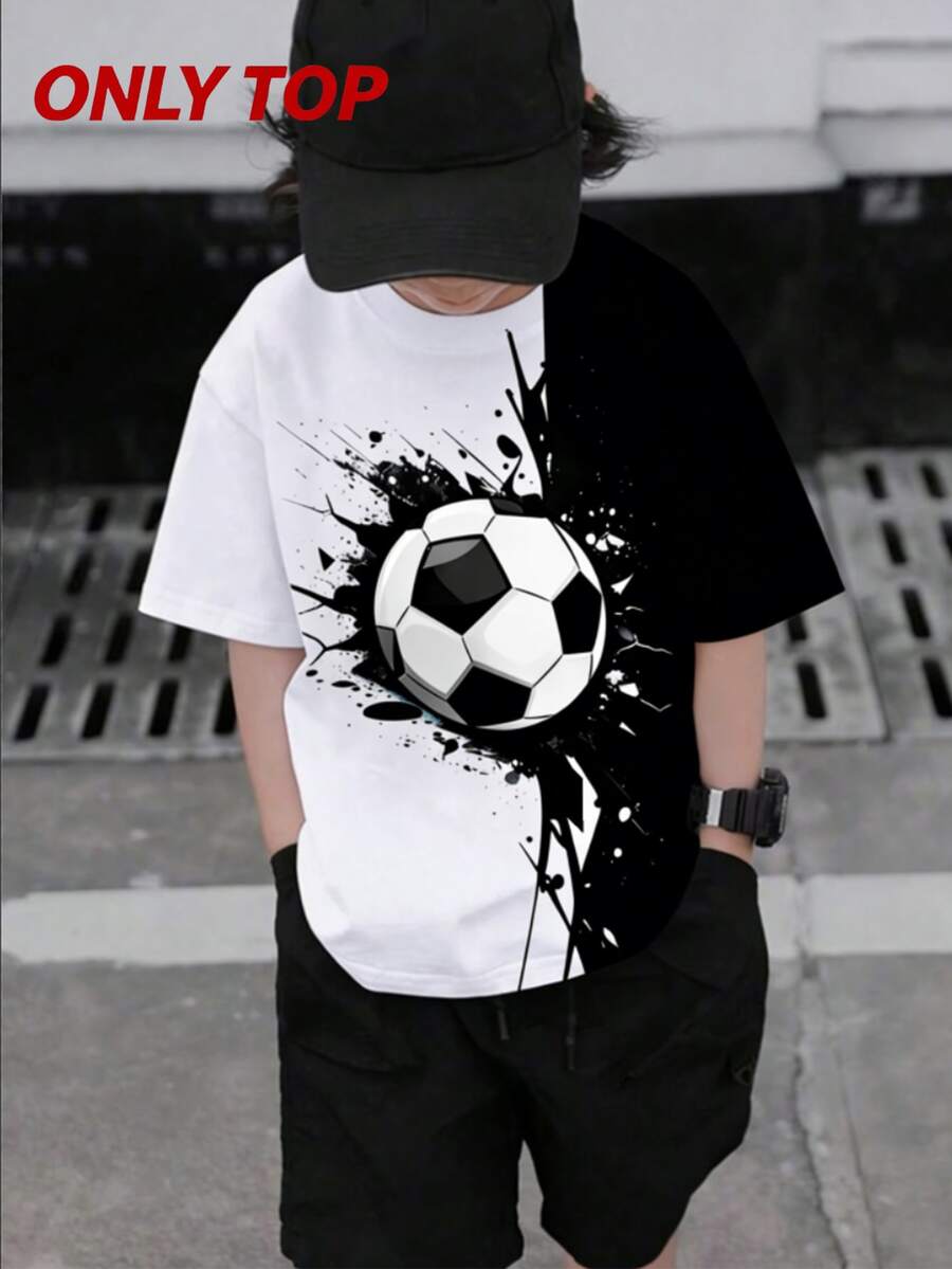 Only 1 Top, Young Boy Design Contrast Black & White Soccer Style Crew Neck Short Sleeve T-Shirt, Casual Fashion Style, Fun Pattern, Summer