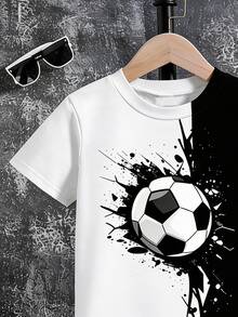 Only 1 Top, Young Boy Design Contrast Black & White Soccer Style Crew Neck Short Sleeve T-Shirt, Casual Fashion Style, Fun Pattern, Summer - Multicolor - View 6