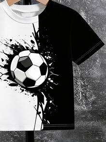 Only 1 Top, Young Boy Design Contrast Black & White Soccer Style Crew Neck Short Sleeve T-Shirt, Casual Fashion Style, Fun Pattern, Summer - Multicolor - View 7