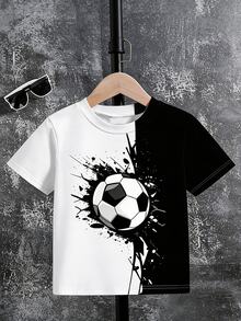 Only 1 Top, Young Boy Design Contrast Black & White Soccer Style Crew Neck Short Sleeve T-Shirt, Casual Fashion Style, Fun Pattern, Summer - Multicolor - View 4