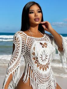 SHEIN Swim 女士钩针镂空肩部海滩罩衫连衣裙，春假/度假风格 - 白色 - 查看 4