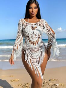SHEIN Swim 女士钩针镂空肩部海滩罩衫连衣裙，春假/度假风格 - 白色 - 查看 1