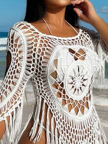 SHEIN Swim 女士钩针镂空肩部海滩罩衫连衣裙，春假/度假风格 - 白色 - 查看 5