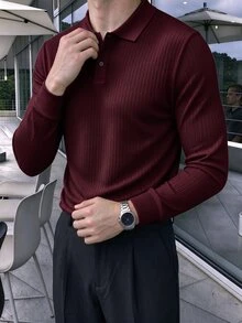 JOLTRO Men Solid Color Button Casual Versatile Long Sleeve Polo Shirt, Fall, Formal - Burgundy - View 4