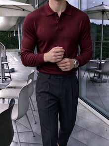 JOLTRO Men Solid Color Button Casual Versatile Long Sleeve Polo Shirt, Fall, Formal - Burgundy - View 3