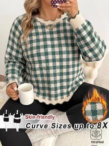 SHEIN CURVE+ 大尺碼女款圓領格紋時尚休閒綠色毛衣，聖誕冬季款 - 彩色 - 查看 3