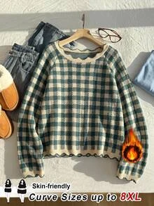 SHEIN CURVE+ 大尺碼女款圓領格紋時尚休閒綠色毛衣，聖誕冬季款 - 彩色 - 查看 5