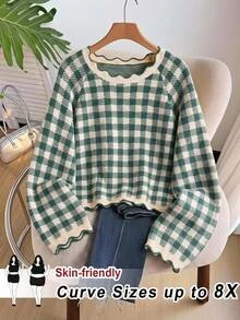 SHEIN CURVE+ 大尺碼女款圓領格紋時尚休閒綠色毛衣，聖誕冬季款 - 彩色 - 查看 1