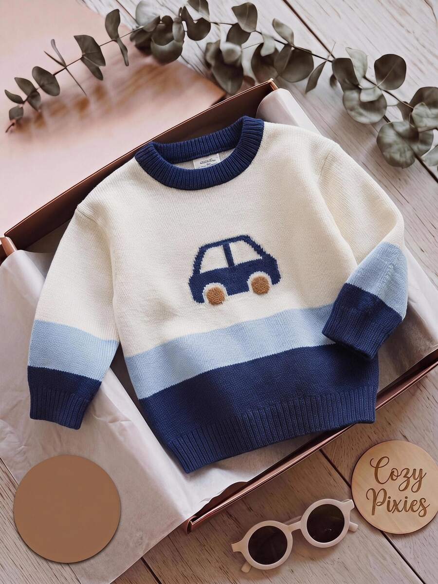 SHEIN Baby Boy Autumn/Winter Fashion Striped Color Block Half-Button Knit Sweater Long Sleeve - Multicolor - View 1