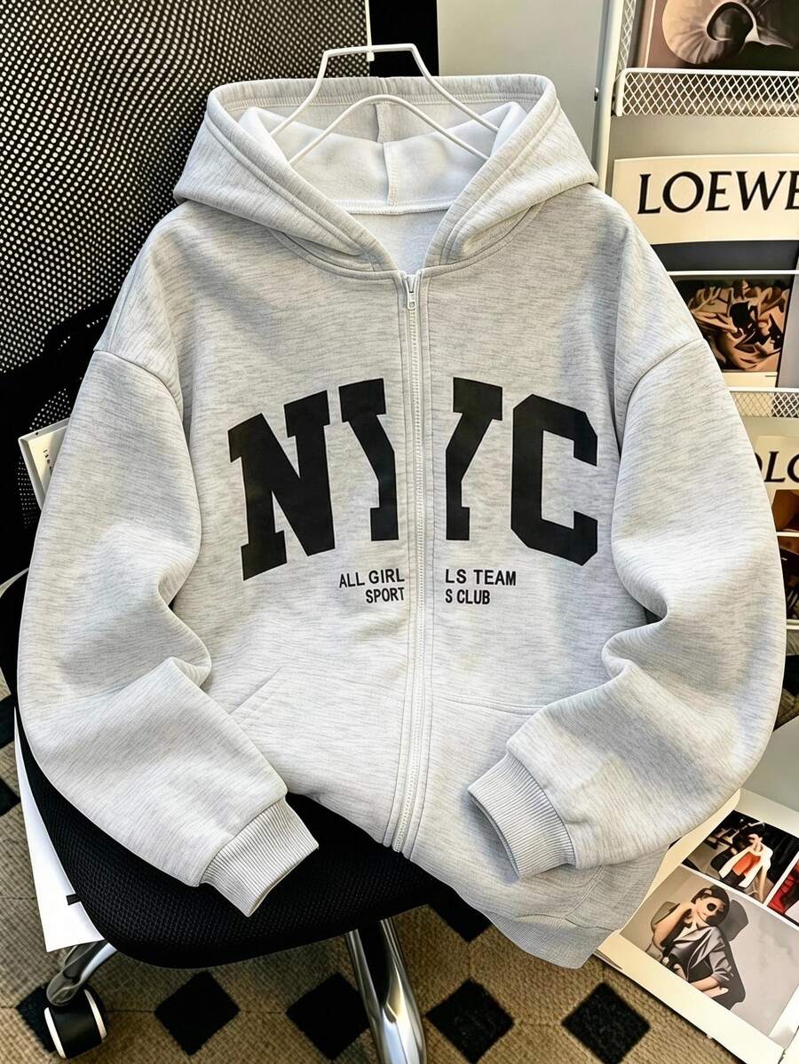 青少年男孩百搭圖案印花多功能連帽拉鍊運動衫,秋季白色街頭風寬鬆款,適合六年級派對與假期 - 灰色 - 查看 1