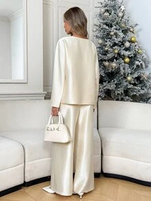 Easowa Women's Fall/Winter Sets Elegant Party Solid Color Satin Bell Sleeve Loose Blouse And Wide Leg Pants 2 Pieces Set Christmas Brunch Dinner Cream White - Apricot - View 6
