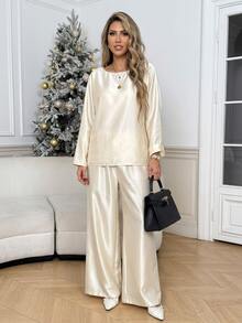 Easowa Women's Fall/Winter Sets Elegant Party Solid Color Satin Bell Sleeve Loose Blouse And Wide Leg Pants 2 Pieces Set Christmas Brunch Dinner Cream White - Apricot - View 2