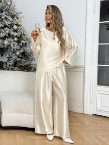 Easowa Women's Fall/Winter Sets Elegant Party Solid Color Satin Bell Sleeve Loose Blouse And Wide Leg Pants 2 Pieces Set Christmas Brunch Dinner Cream White - Apricot - View 5