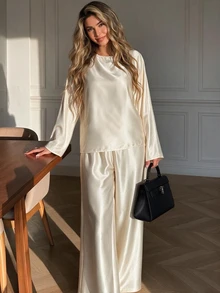 Easowa Women's Fall/Winter Sets Elegant Party Solid Color Satin Bell Sleeve Loose Blouse And Wide Leg Pants 2 Pieces Set Christmas Brunch Dinner Cream White - Apricot - View 1
